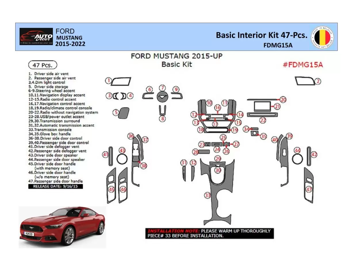 Ford Mustang 2015-2023 Interior WHZ Dashboard trim kit 47 Parts