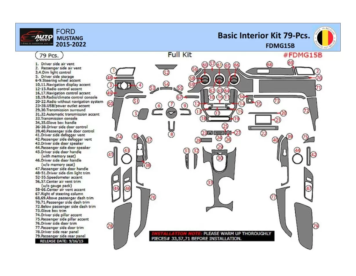 Ford Mustang 2015-2023 Inleg dashboard Interieurset aansluitend en pasgemaakt 67 Delen