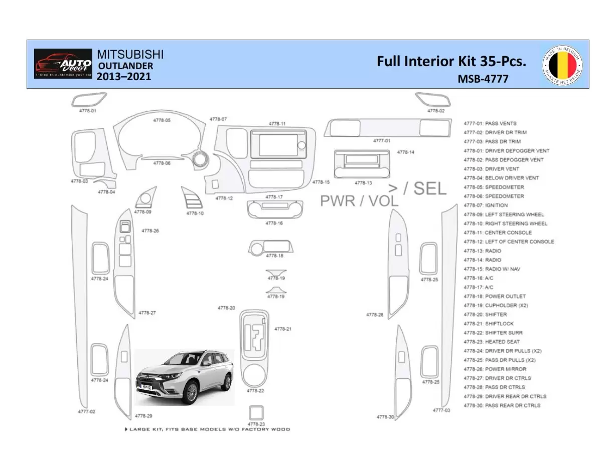 Mitsubishi Outlander 2013-2021 Decor de carlinga su interior del coche 35 Partes