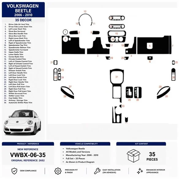 Volkswagen Beetle 2006-2010 kit décor tableau de bord 3D, 35 pièces
