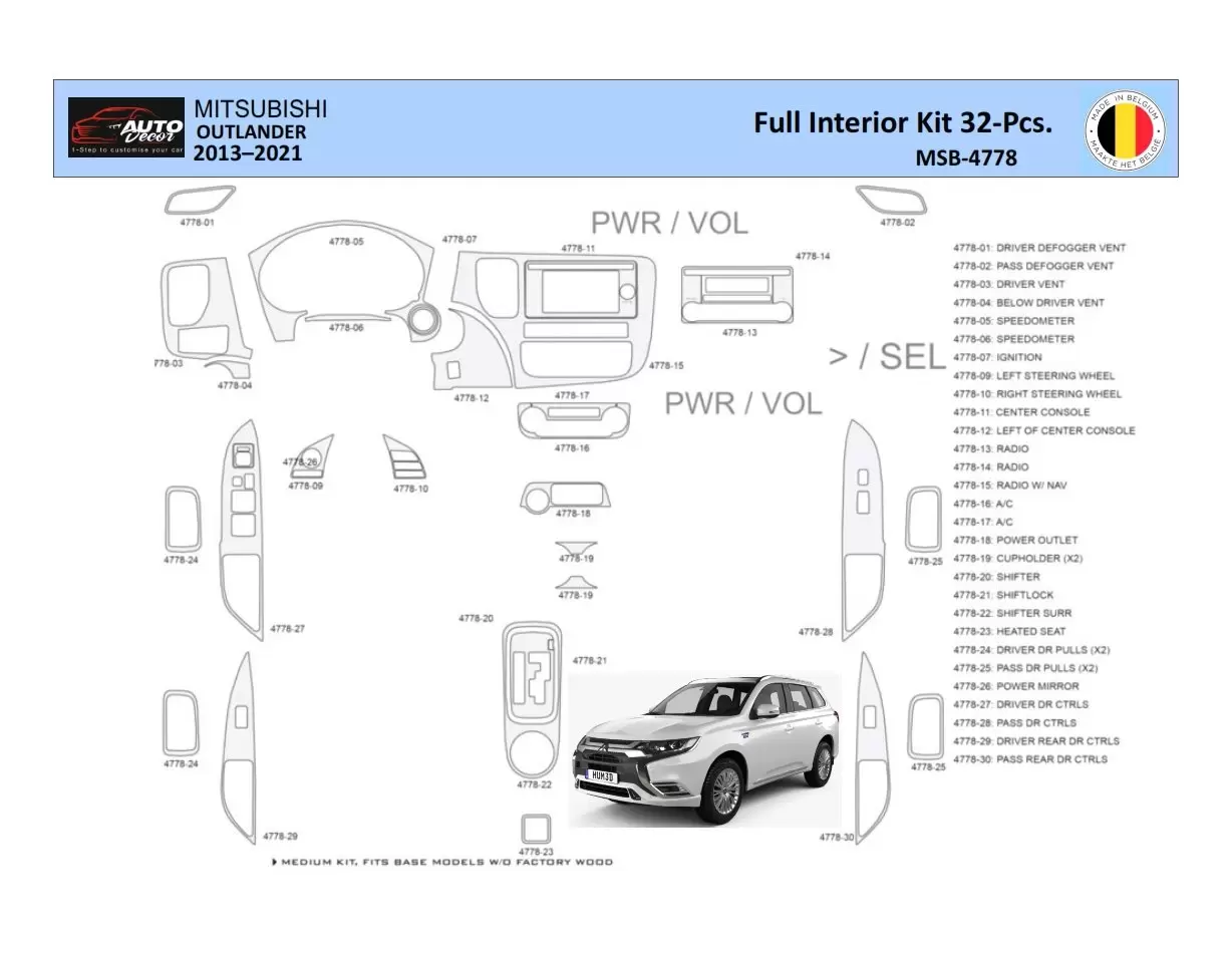 Mitsubishi Outlander 2013-2021 Inleg dashboard Interieurset aansluitend en pasgemaakt 32 Delen