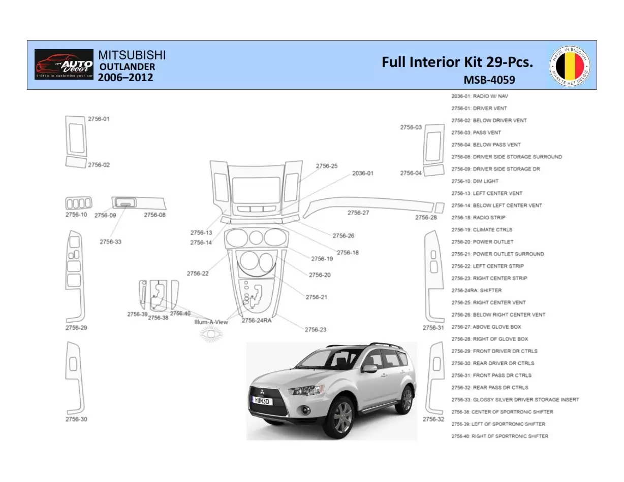 Mitsubishi Outlander 2006-2012 Decor de carlinga su interior del coche 29 Partes