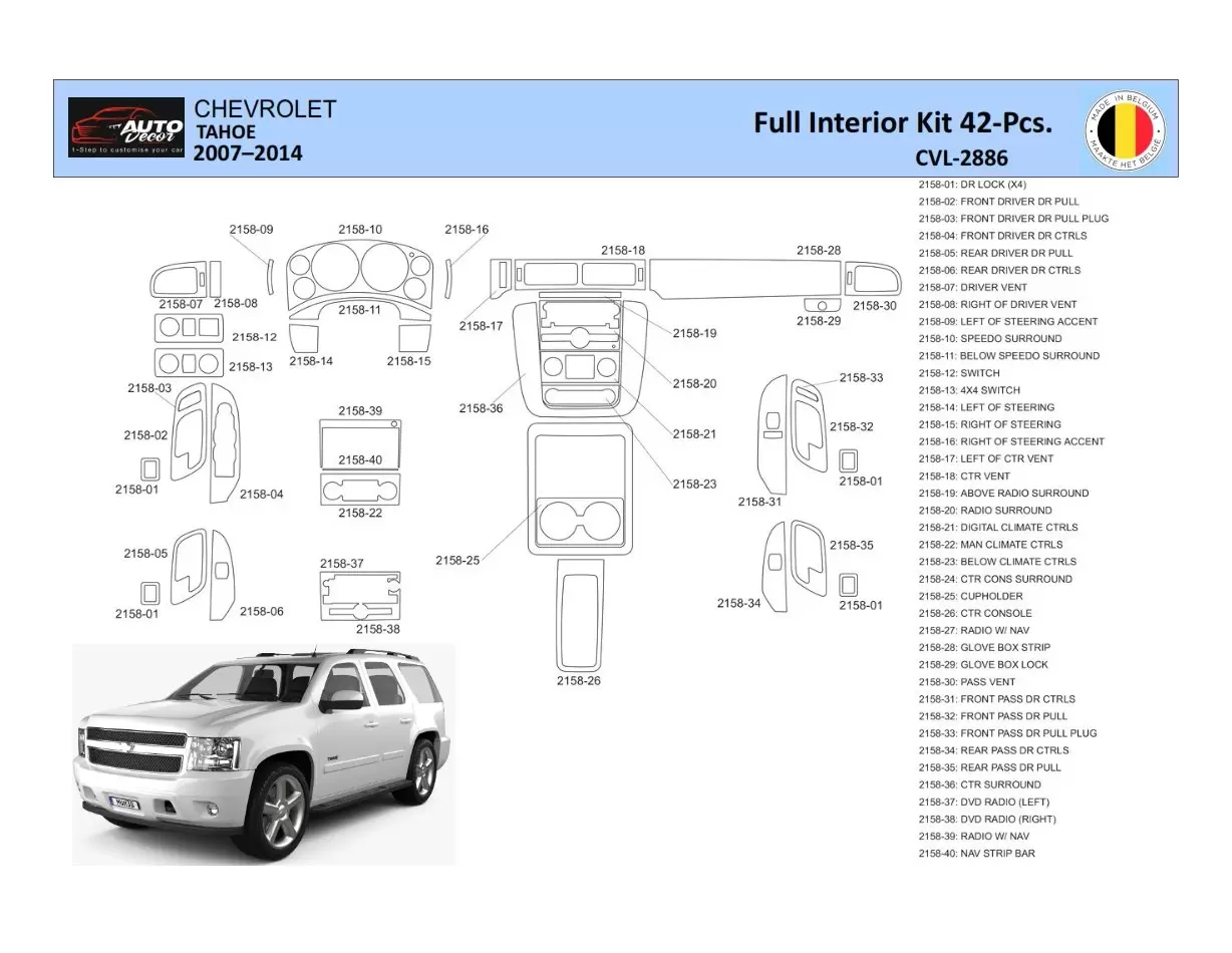 Chevrolet Tahoe 2007-2014 Inleg dashboard Interieurset aansluitend en pasgemaakt 42 Delen