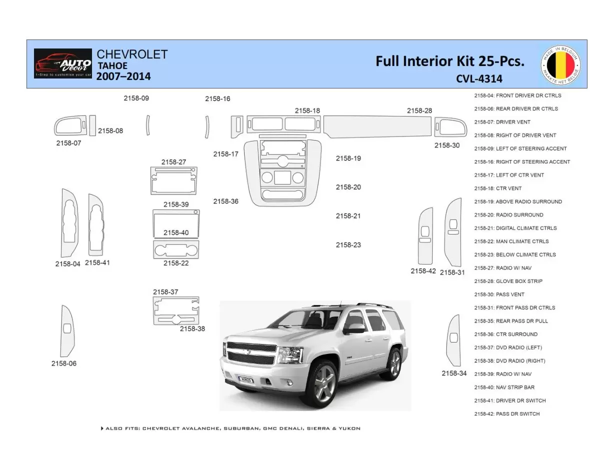 Chevrolet Tahoe 2007-2014 Inleg dashboard Interieurset aansluitend en pasgemaakt 25 Delen