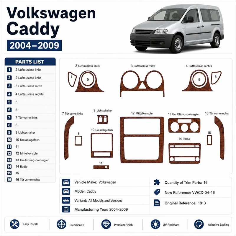 Volkswagen Caddy 2004-2009 3D dashboard sierlijstset, 16 delen