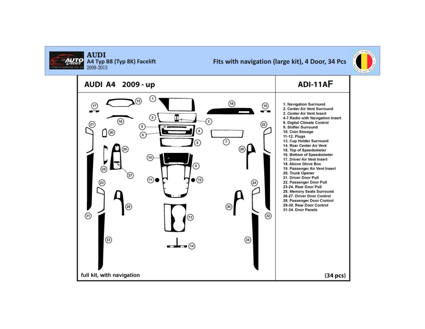 Audi A4 B8 Typ 8K 2009-2015 3D Interior Dashboard Trim Kit Dash Trim Dekor 34-Parts