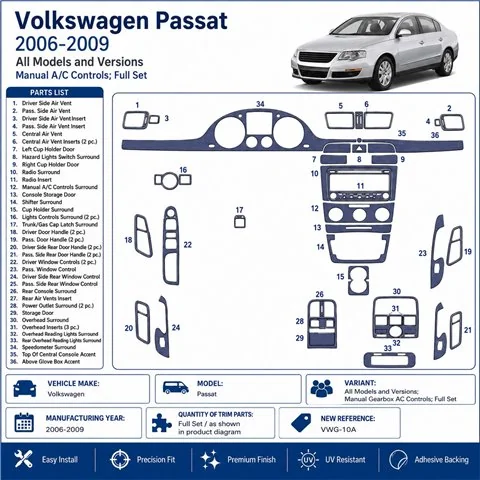Volkswagen Passat 2006-2009 Manual Gearbox AC Controls, Full Set 3D dashboard trim kit