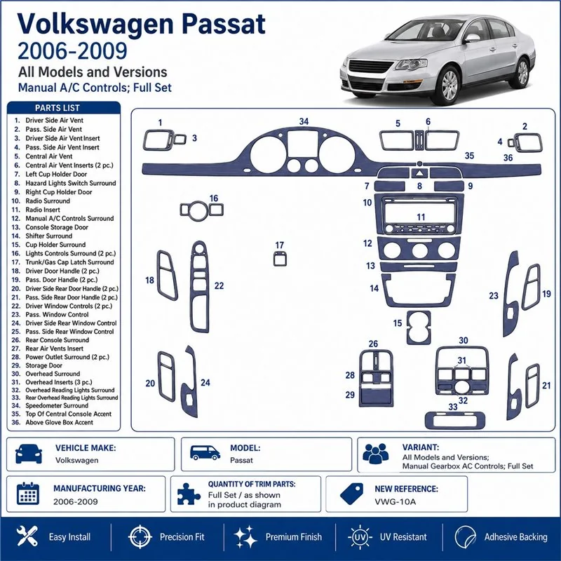 Volkswagen Passat 2006-2009 handgeschakeld AC Controls, complete set 3D dashboard sierlijstset