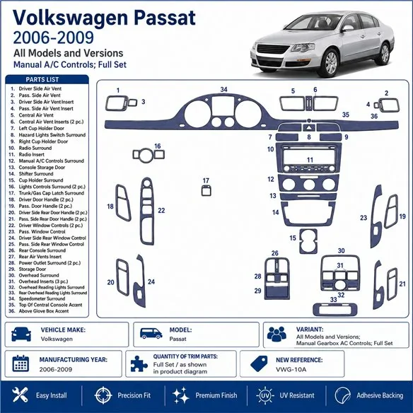 Volkswagen Passat 2006-2009 cambio aire acondicionado Controls, set completo kit salpicadero 3D