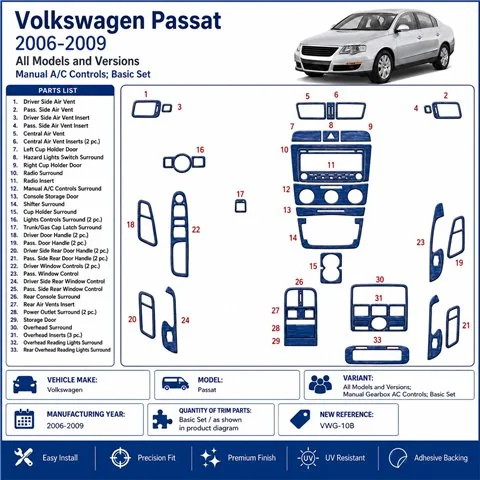Volkswagen Passat 2006-2009 handgeschakeld AC Controls, basisset 3D dashboard sierlijstset