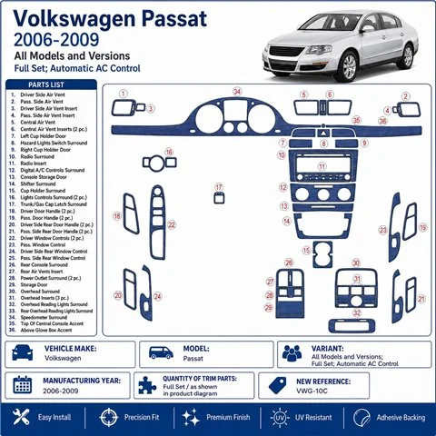 Volkswagen Passat 2006-2009 set completo, Automatic AC Control kit salpicadero 3D