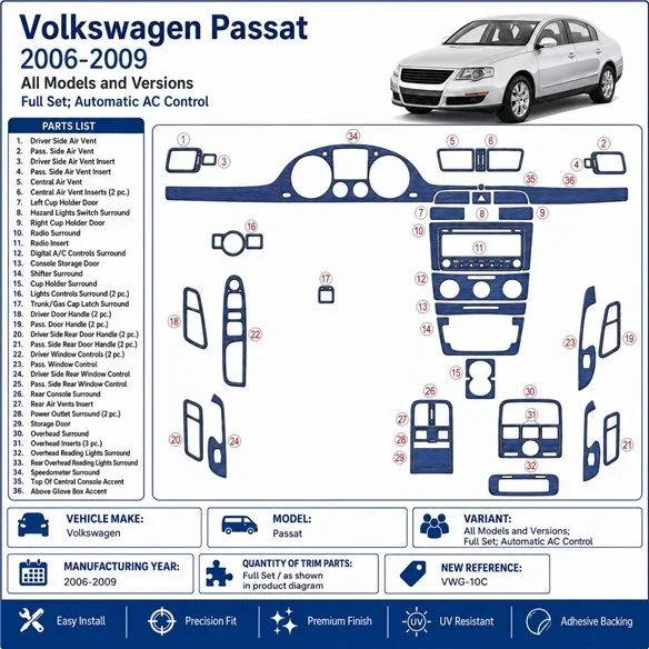 Volkswagen Passat 2006-2009 Full Set, Automatic AC Control 3D dashboard trim kit