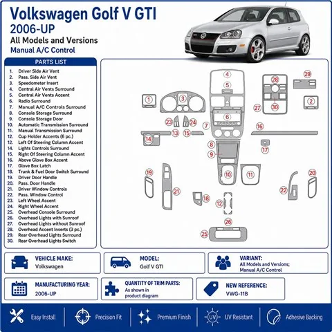 Volkswagen Golf V GTI 2006+ Manual Gearbox A/C Control 3D dashboard trim kit