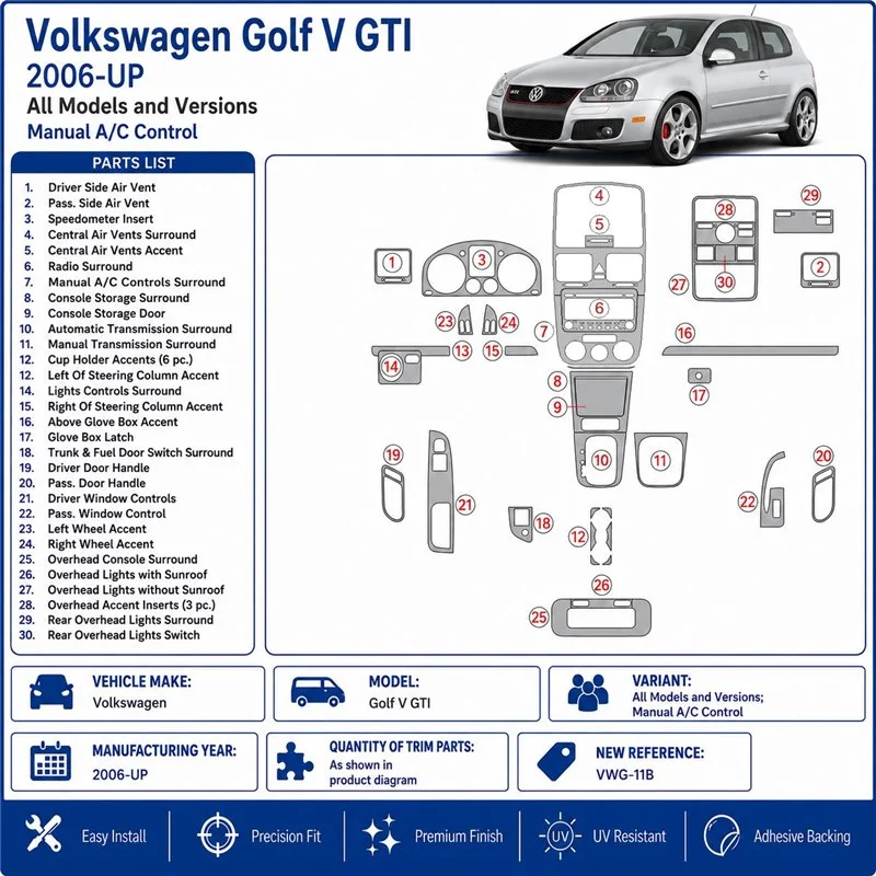 Volkswagen Golf V GTI 2006+ handgeschakeld A/C Control 3D dashboard sierlijstset