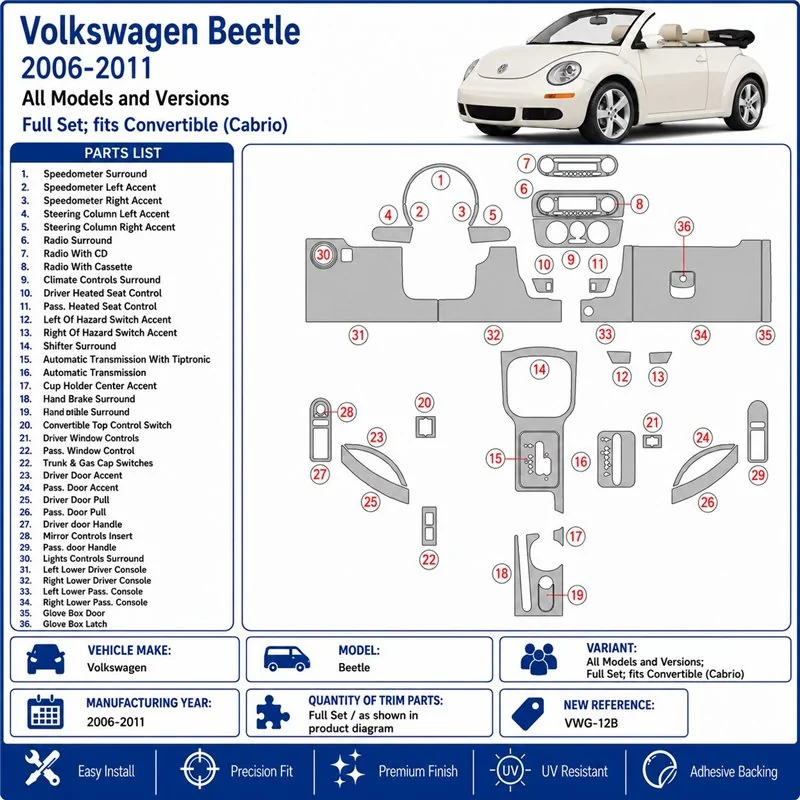 Volkswagen Beetle 2006-2011 complete set, fits (Cabrio) 3D dashboard sierlijstset