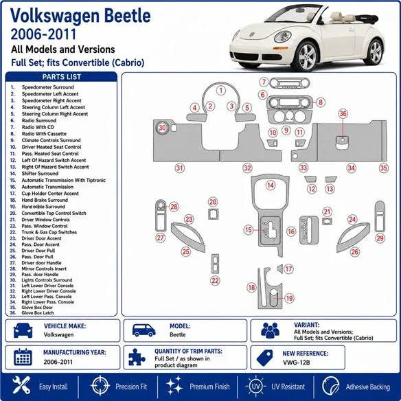 Volkswagen Beetle 2006-2011 set completo, fits (Cabrio) kit salpicadero 3D