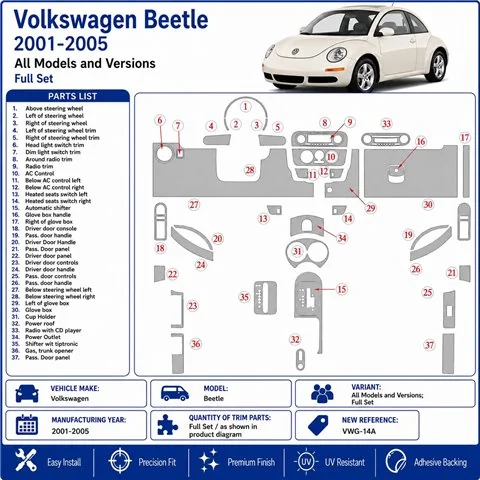Volkswagen Beetle 2001-2005 Full Set 3D dashboard trim kit
