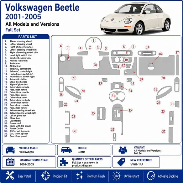 Volkswagen Beetle 2001-2005 Full Set 3D dashboard trim kit