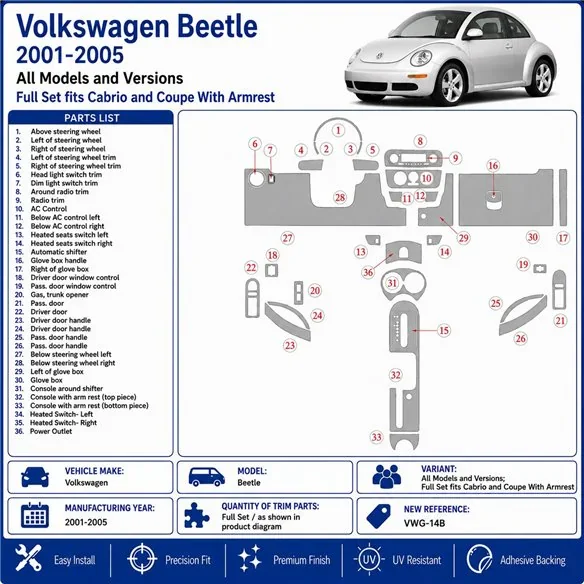 Volkswagen Beetle 2001-2005 Full Set fits Cabrio and Coupe With Armrest 3D dashboard trim kit