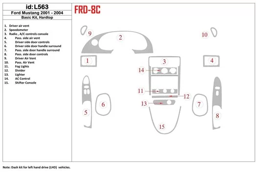 Ford Mustang 2001-2004 Soft roof-Coupe, Basic Set, 8 Parts set BD Interieur Dashboard Bekleding Volhouder