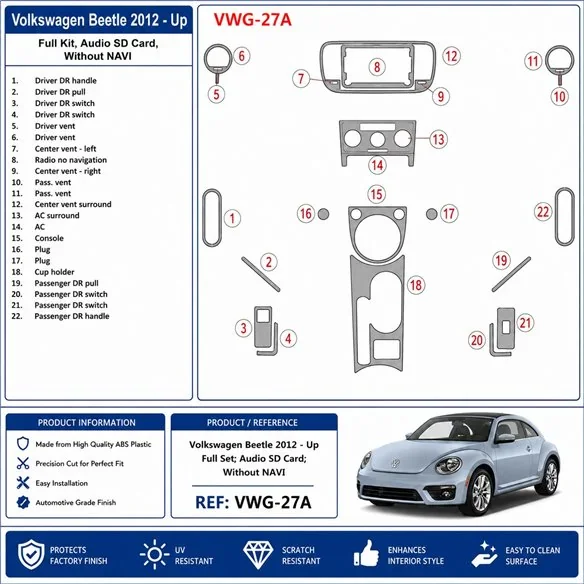 Volkswagen Beetle 2012+ set complet, Audio SD Card, sans navigation kit décor tableau de bord 3D