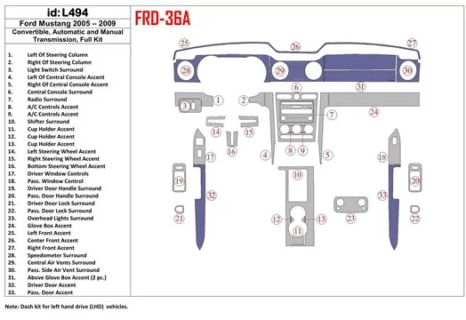 Ford Mustang 2005-2009 Folding roof-Cabrio, Full Set BD Interieur Dashboard Bekleding Volhouder