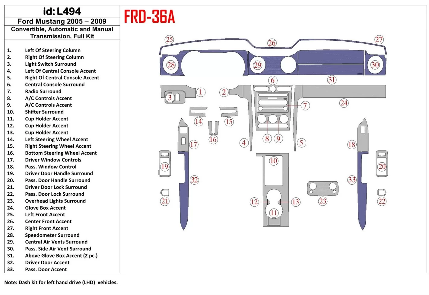 FORD Ford Mustang 2005-2009 Folding roof-Cabrio, Full Set Interior BD Dash Trim Kit €72.99