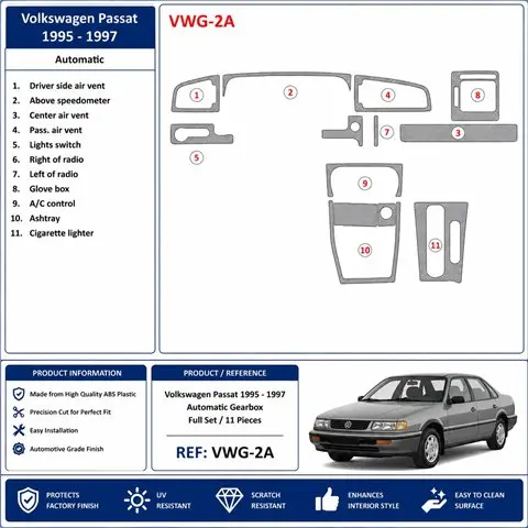 Volkswagen Passat 1995-1997 Automatikgetriebe 3D Armaturenbrett-Dekor-Set, 11 Teile