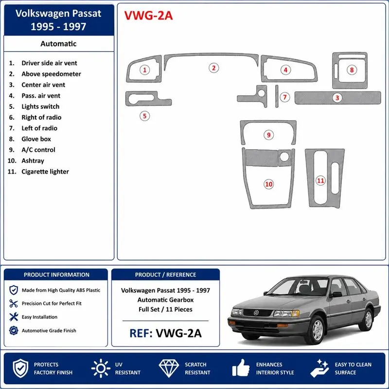 Volkswagen Passat 1995-1997 boîte auto kit décor tableau de bord 3D, 11 pièces