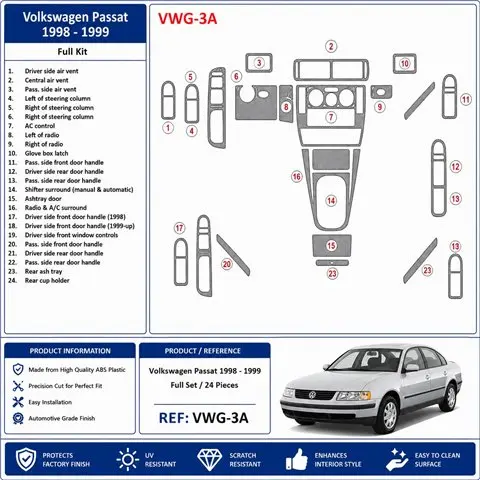 Volkswagen Passat 1998-1999 complete set 3D dashboard sierlijstset, 24 delen