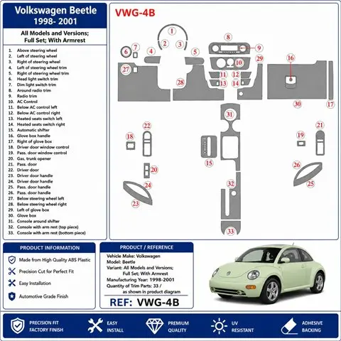 Volkswagen Beetle 1998-2001 Full Set, With Armrest 3D dashboard trim kit, 33 parts