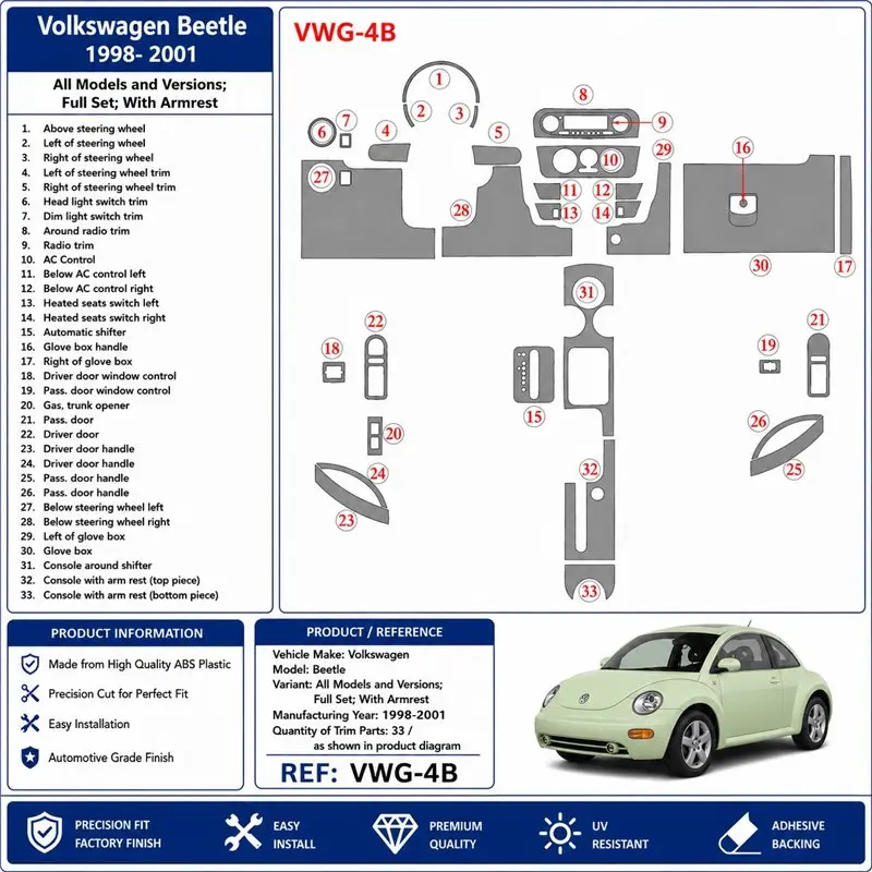 Volkswagen Beetle 1998-2001 set complet, avec accoudoir kit décor tableau de bord 3D, 33 pièces