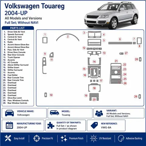 Volkswagen Touareg 2004+ Full Set, without navigation 3D dashboard trim kit 2
