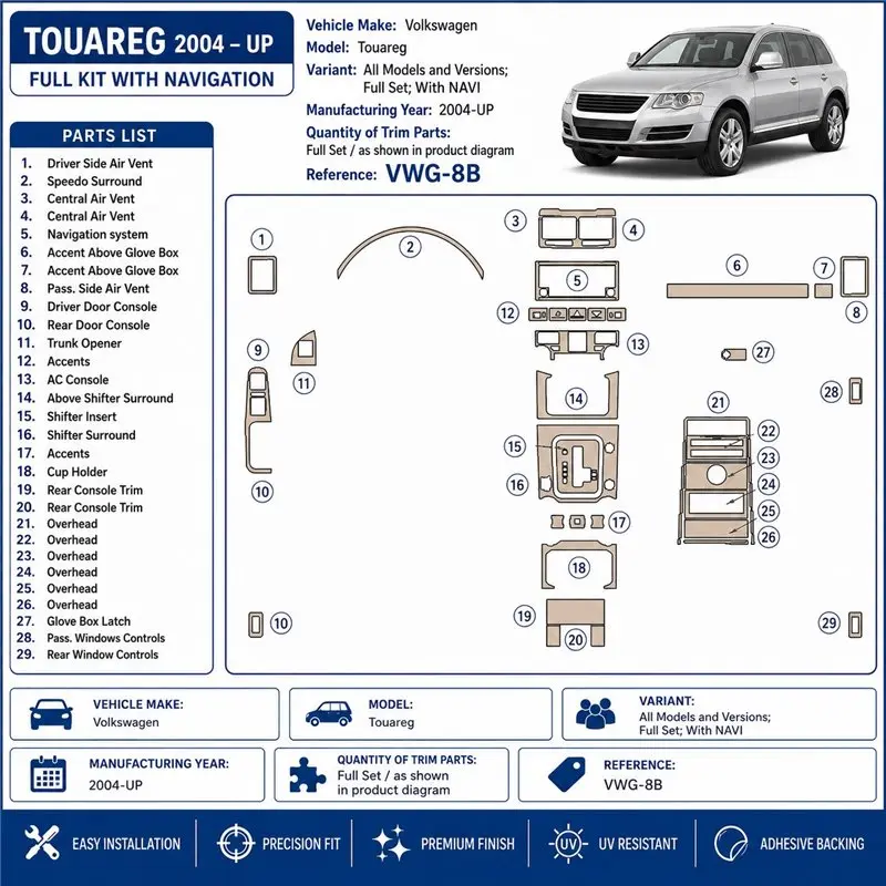 Volkswagen Touareg 2004+ complete set, met navigatie 3D dashboard sierlijstset