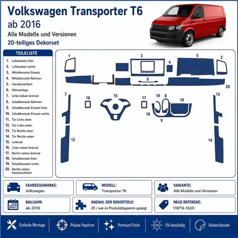 Volkswagen Transporter T6 2016 3D dashboard sierlijstset, 20 delen 2