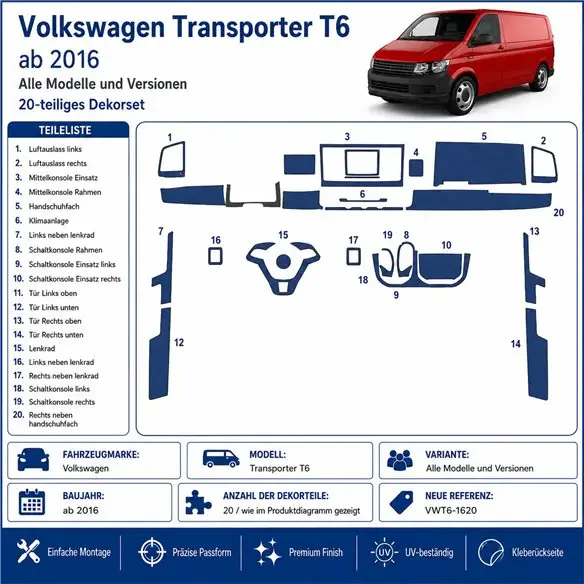 Volkswagen Transporter T6 2016 3D dashboard sierlijstset, 20 delen