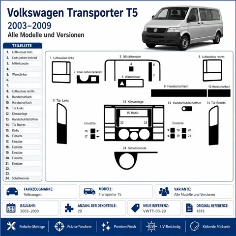 Volkswagen Transporter T5 2003-2009 3D dashboard sierlijstset, 29 delen 2