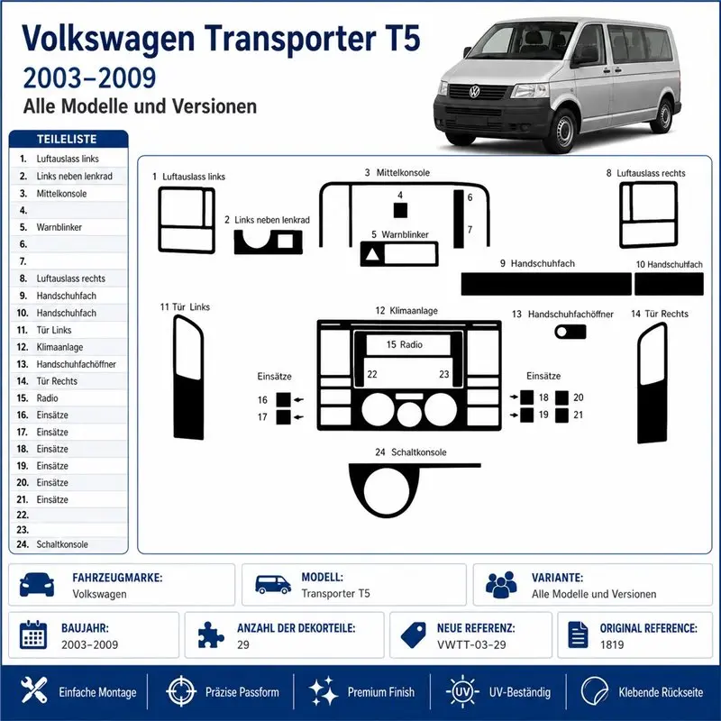 Volkswagen Transporter T5 2003-2009 3D dashboard trim kit, 29 parts
