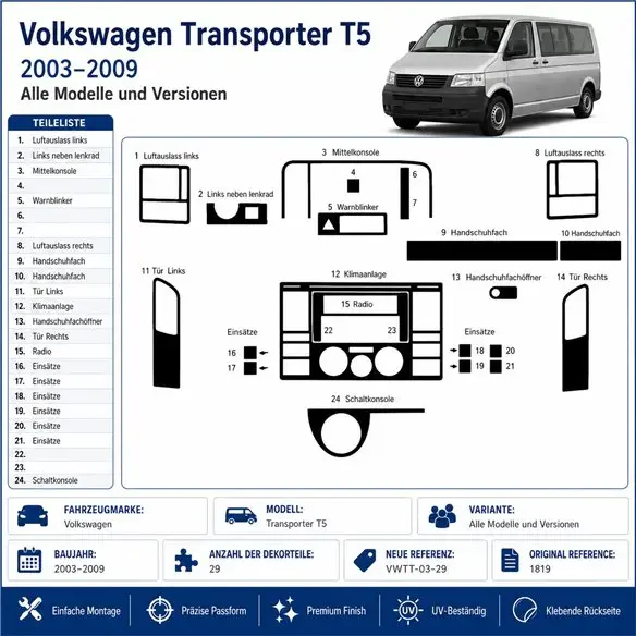 Volkswagen Transporter T5 2003-2009 3D Armaturenbrett-Dekor-Set, 29 Teile