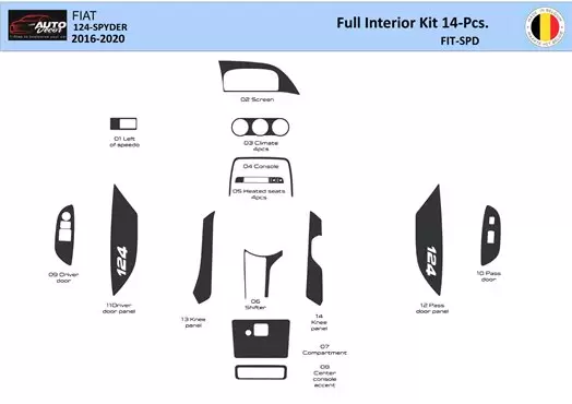 Fiat 124 Spyder 2012-2020 Interior WHZ Kit de molduras de tablero 14 piezas