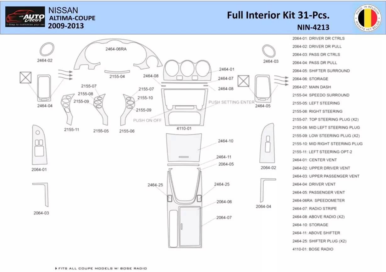 Nissan Altima 2009-2013 Interior WHZ Dashboard trim kit 31 Parts