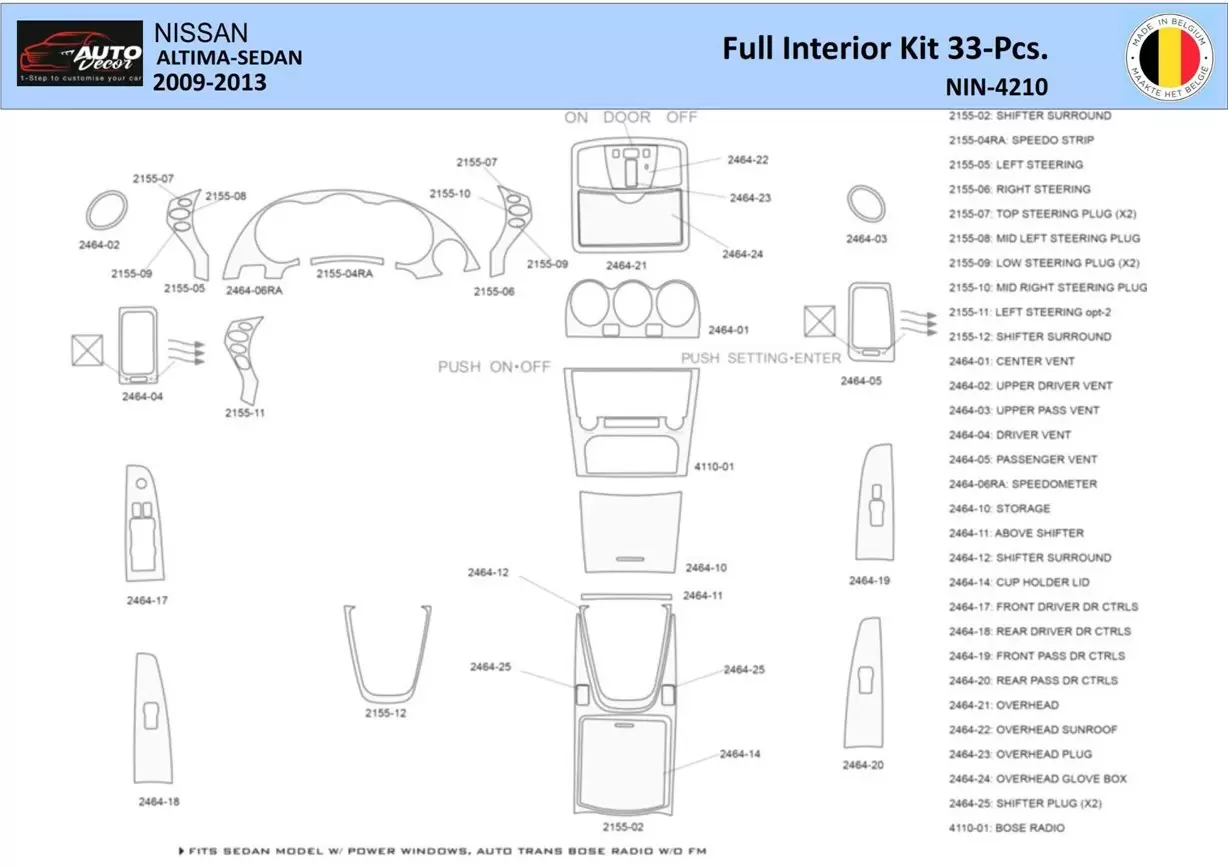 Nissan Altima 2009-2013 Inleg dashboard Interieurset aansluitend en pasgemaakt 33 Delen