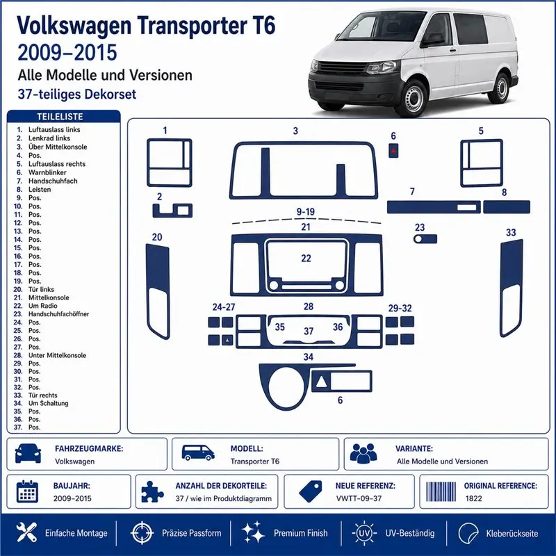 Volkswagen Transporter T6 2009+ 3D Armaturenbrett-Dekor-Set, 37 Teile