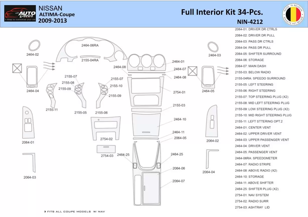 Nissan Altima 2009-2013 Interior WHZ Dashboard trim kit 34 Parts