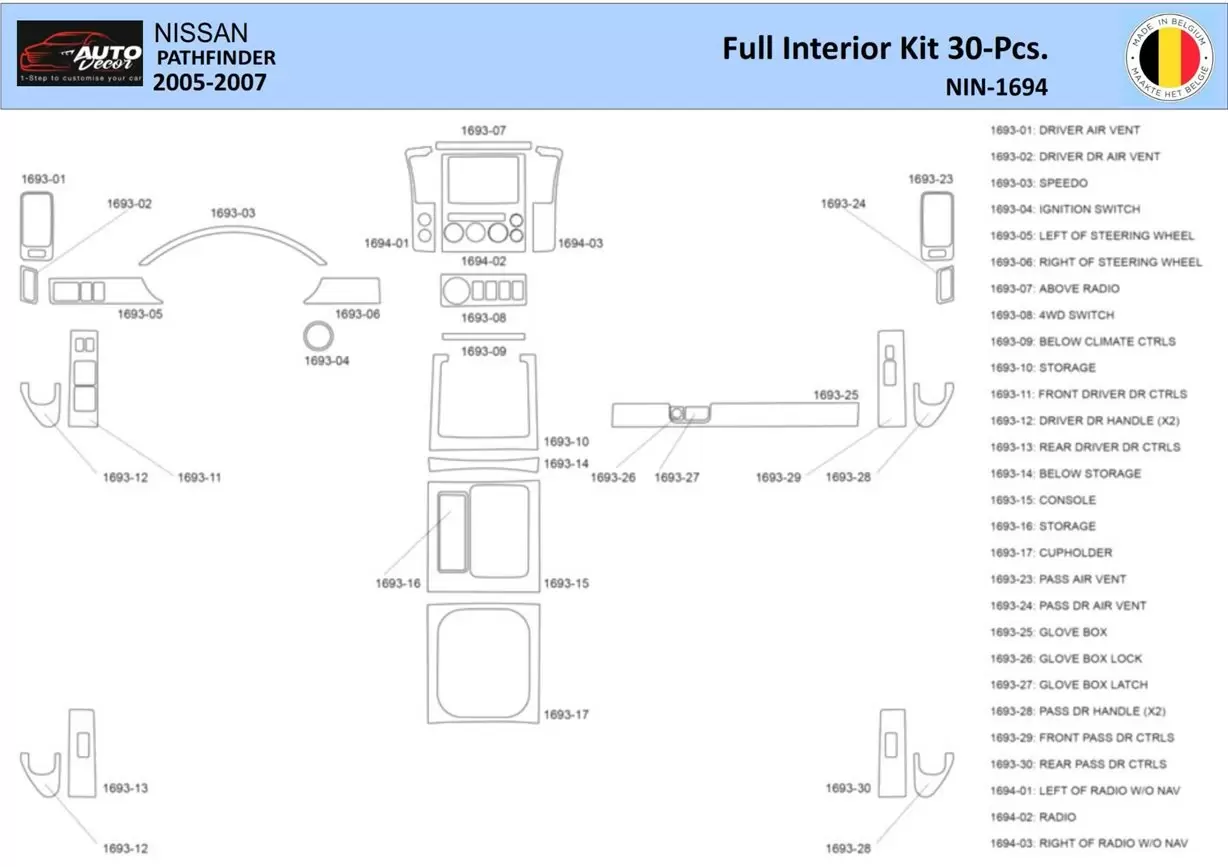 Nissan Pathfinder 205 Interior WHZ Dashboard trim kit 30 Parts