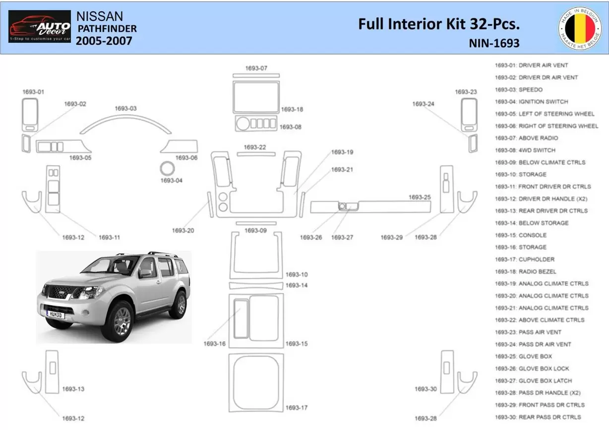 Nissan Pathfinder 205 Interior WHZ Dashboard trim kit 32 Parts