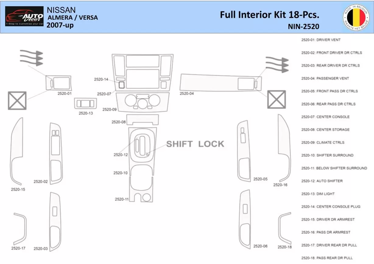 Nissan Versa-Almera 2007 Interior WHZ Dashboard trim kit 18 Parts