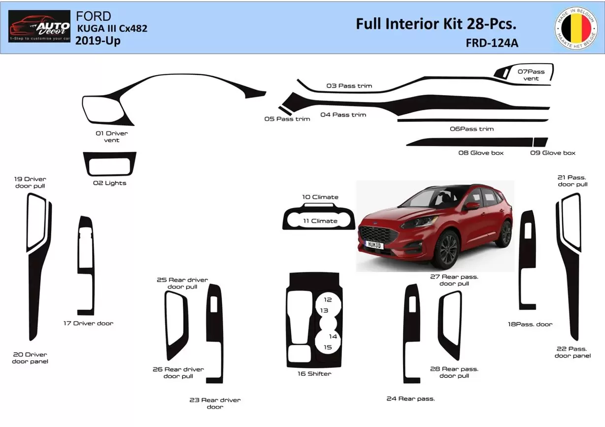 Ford Kuga III 2019-Up Inleg dashboard Interieurset aansluitend en pasgemaakt 28 Delen