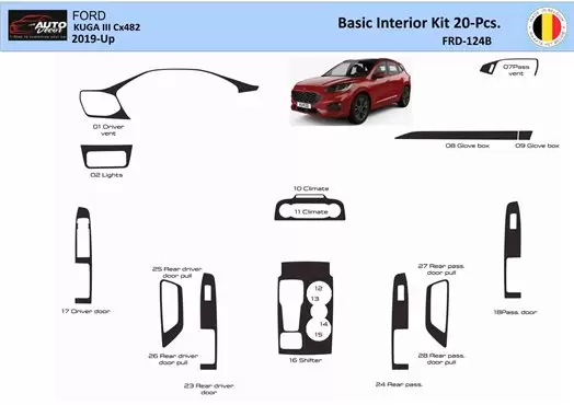 Ford Kuga III dal 2019 in poi Kit rivestimento cruscotto interno WHZ 20 pezzi