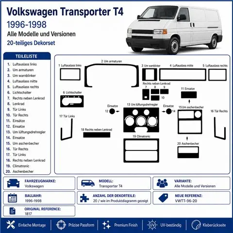 Volkswagen Transporter T4 1996-1998 3D dashboard trim kit, 20 parts 2